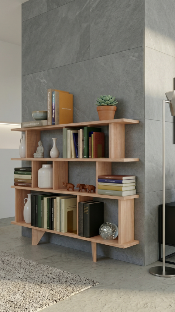 Bibliothèque en bois massif faible profondeur, idéale pour optimiser l’espace sans encombrer