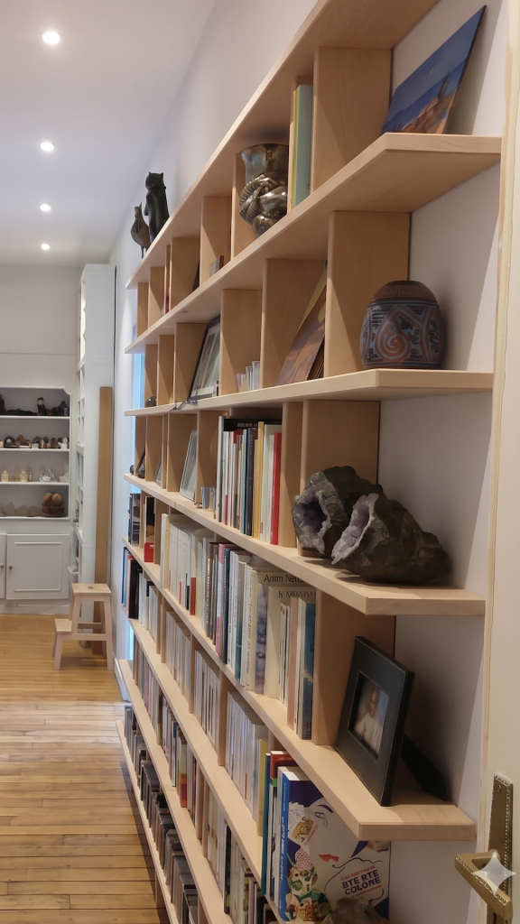 Bibliothèque en bois massif faible profondeur, idéale pour optimiser l’espace sans encombrer