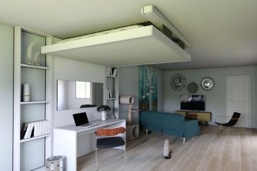 lit-escamotable-plafond aménagement gain-de-place petits-espaces meuble-pratique bedup-lit-escamotable projet-déco aménagement-bureau